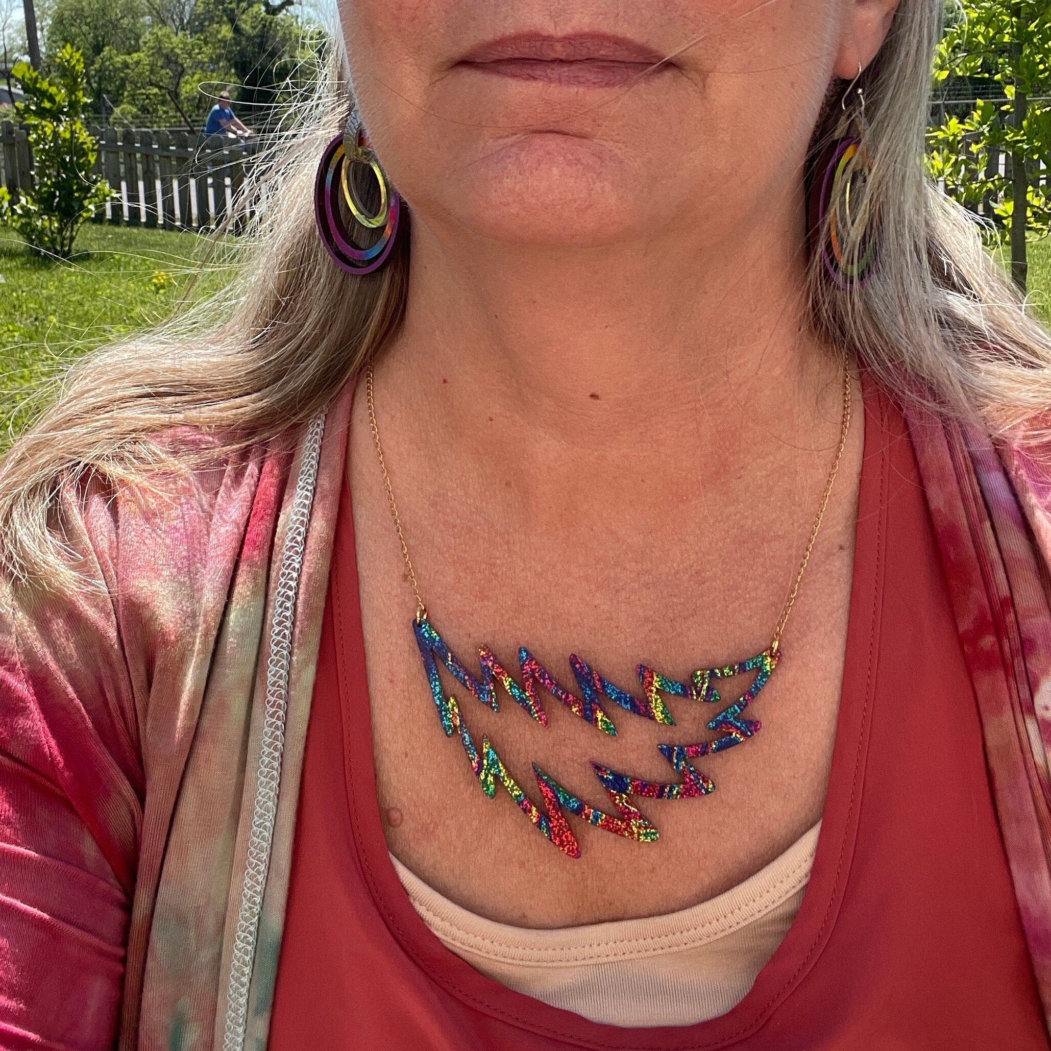 Swirled Glitter Lightning Bolt Necklace – Tie-Dye or Carnival Sparkle