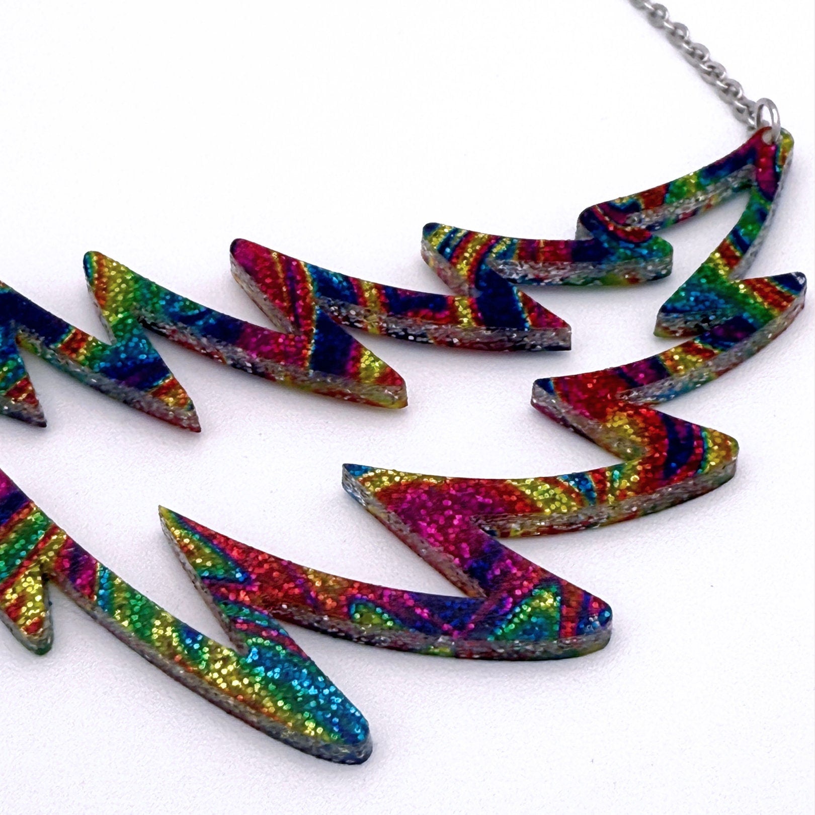 Swirled Glitter Lightning Bolt Necklace – Tie-Dye or Carnival Sparkle