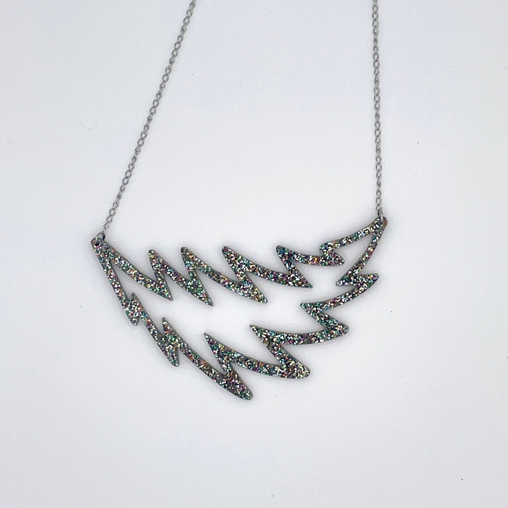 Swirled Glitter Lightning Bolt Necklace – Tie-Dye or Carnival Sparkle