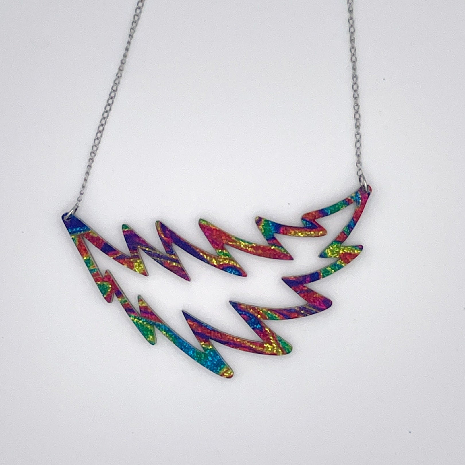 Swirled Glitter Lightning Bolt Necklace – Tie-Dye or Carnival Sparkle