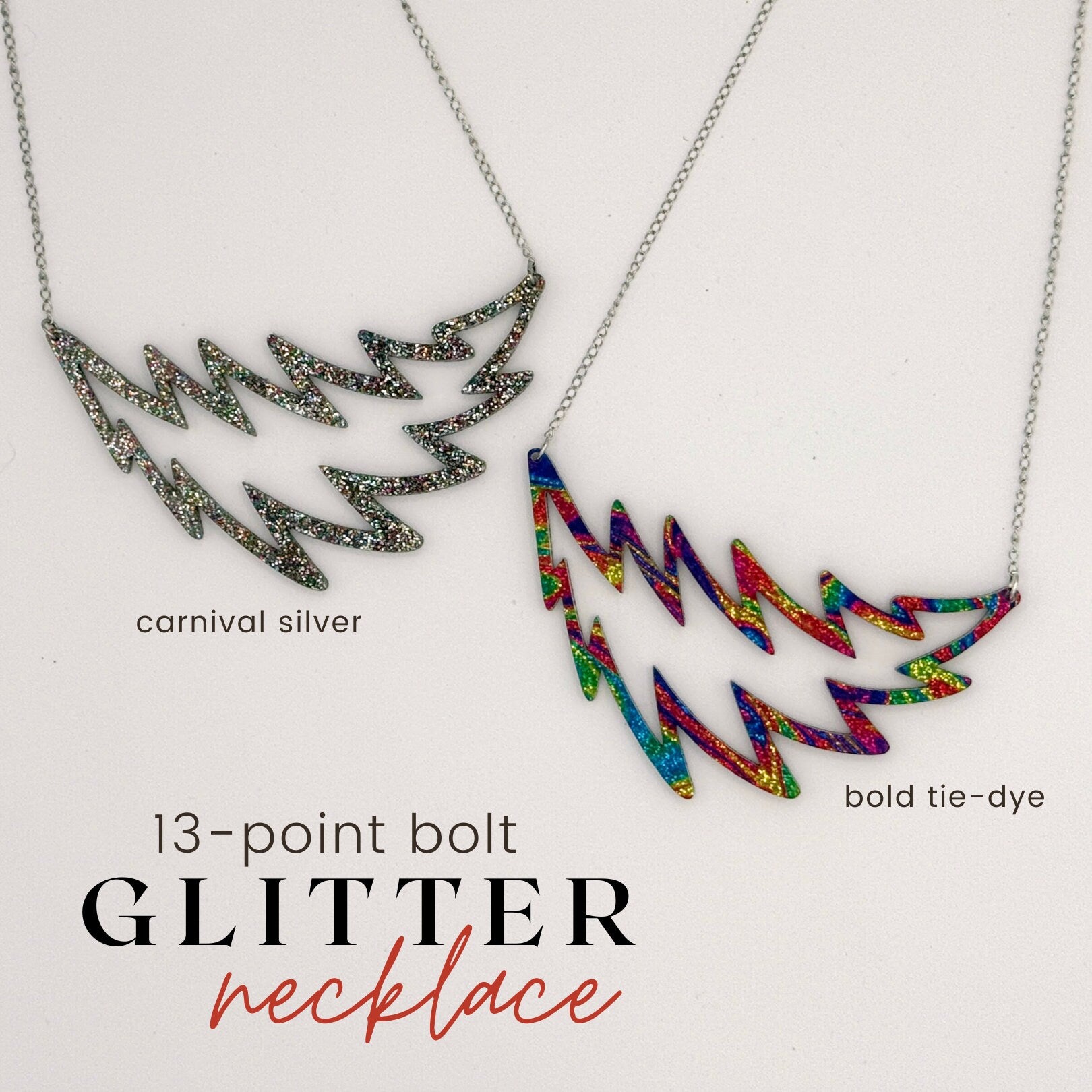 Swirled Glitter Lightning Bolt Necklace – Tie-Dye or Carnival Sparkle