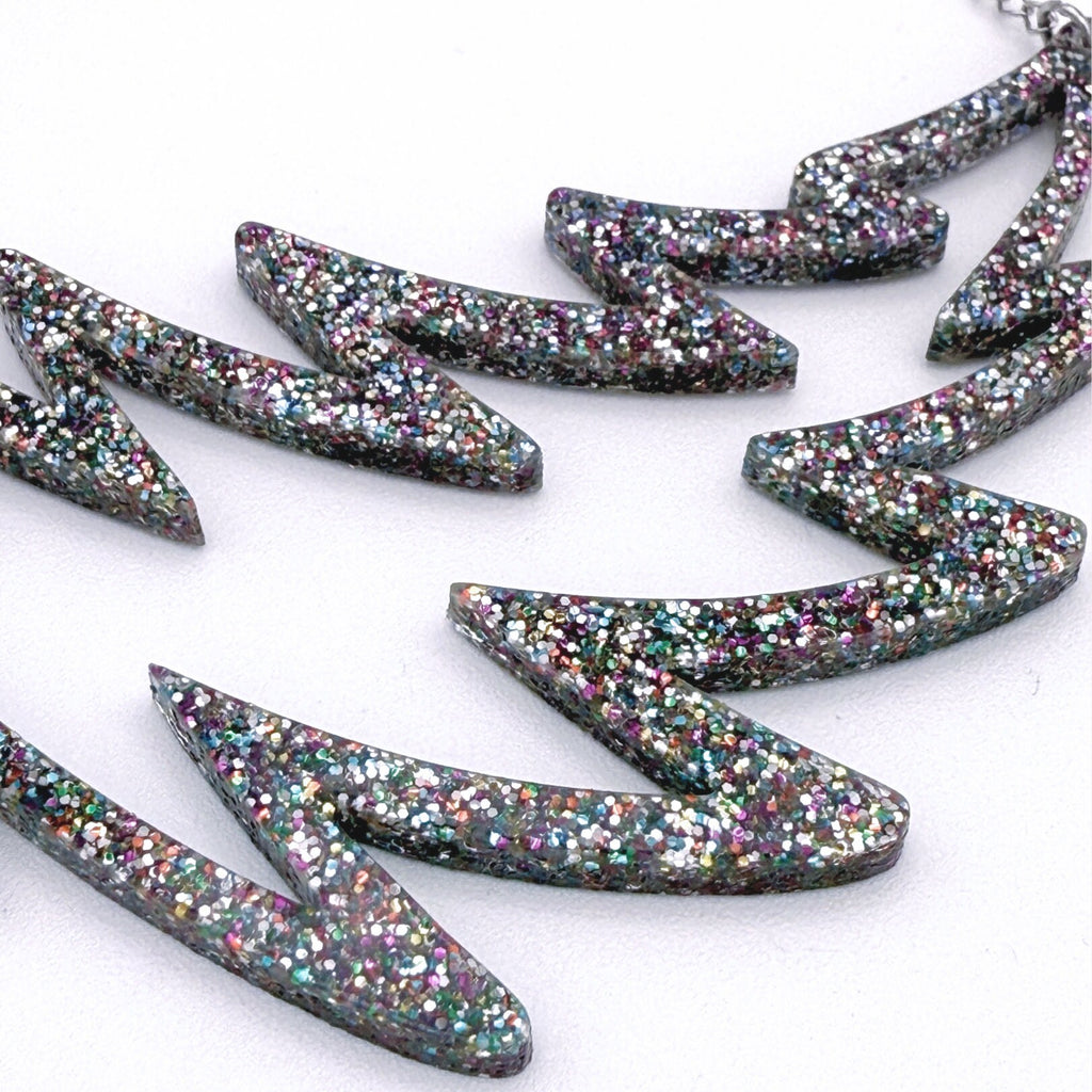 Swirled Glitter Lightning Bolt Necklace – Tie-Dye or Carnival Sparkle